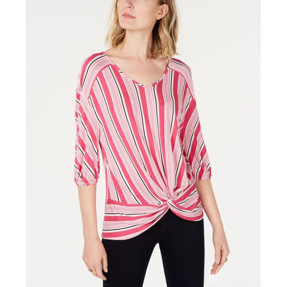NY Collection Petite Striped Twist Front Top